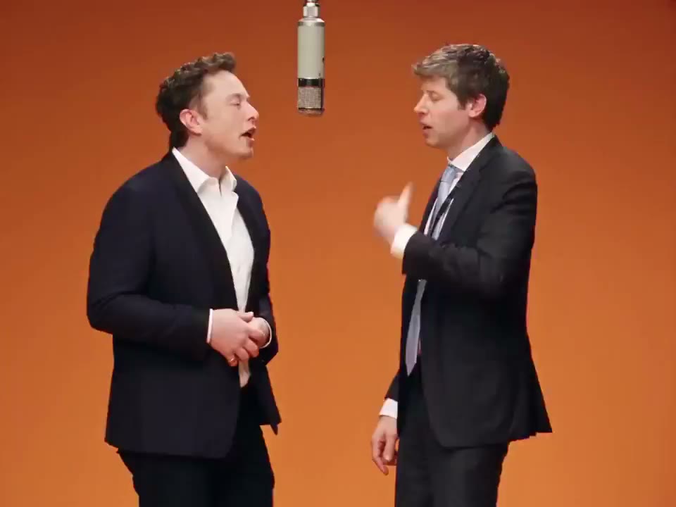 AI-generated Hotel Lobby duet example shared by Nate Herk, with two suited characters in an orange studio