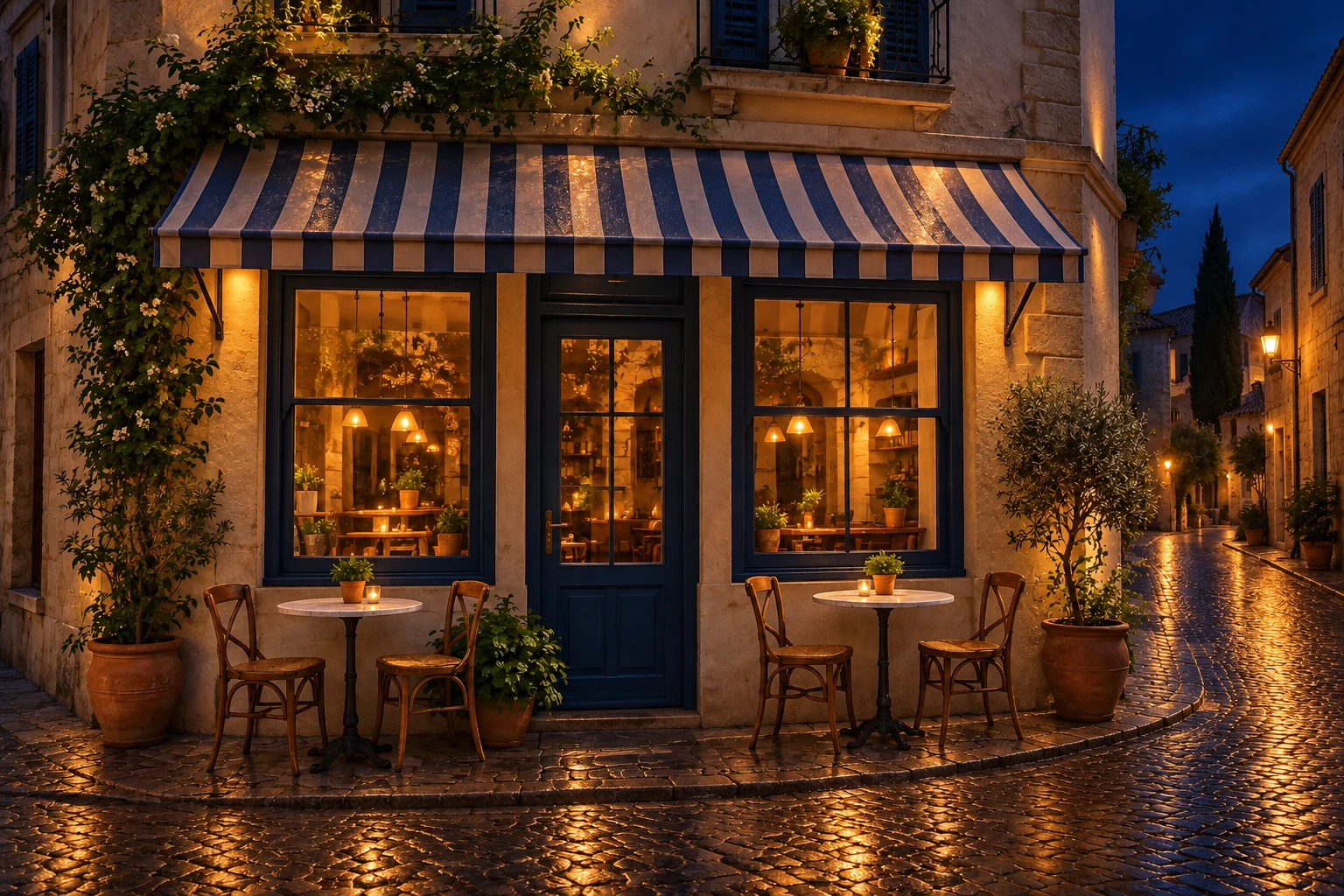 Corner cafe at night with warm glowing windows and wet cobblestones