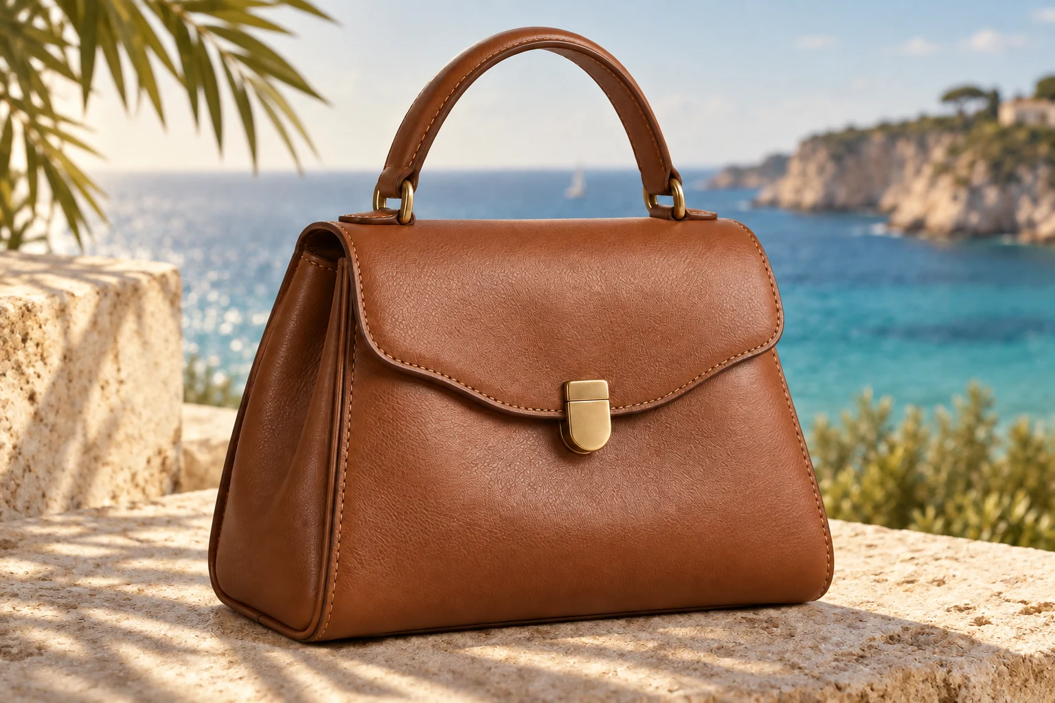 Cognac handbag on a limestone ledge beside the sea