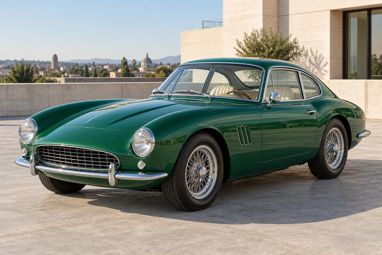 Green coupe in a sunlit architectural setting