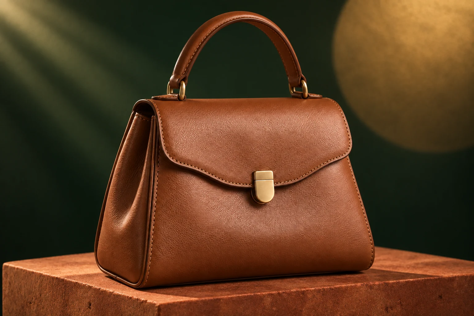 Cognac handbag on a stone block against a dark green studio backdrop