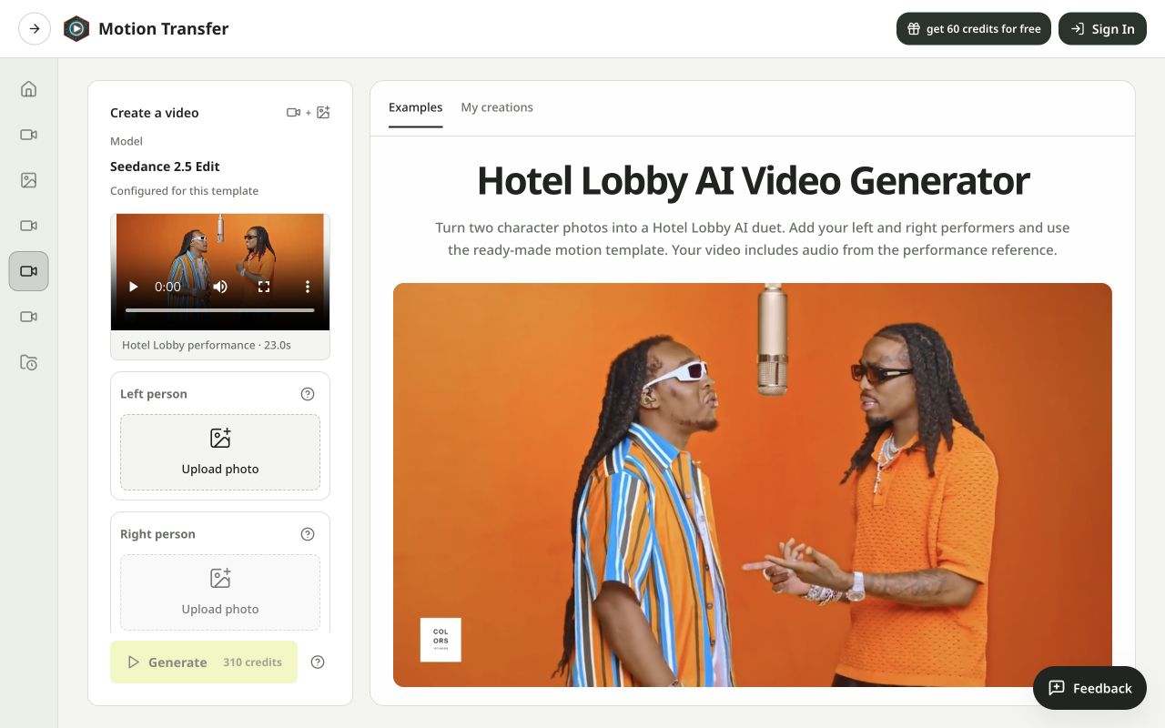 Hotel Lobby AI workspace with the performance reference and separate Left person and Right person photo slots