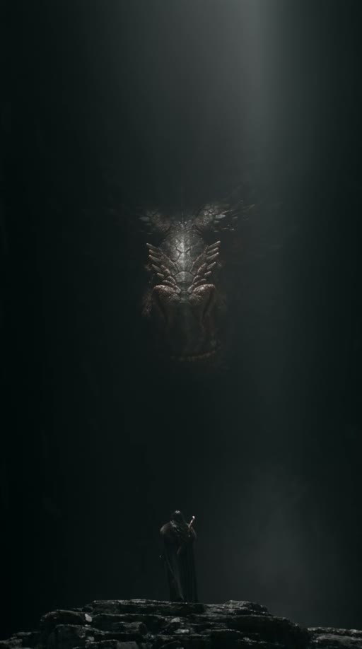 Dragon Encounter AI reference showing a human character and a massive horned dragon in a shadowy stone hall