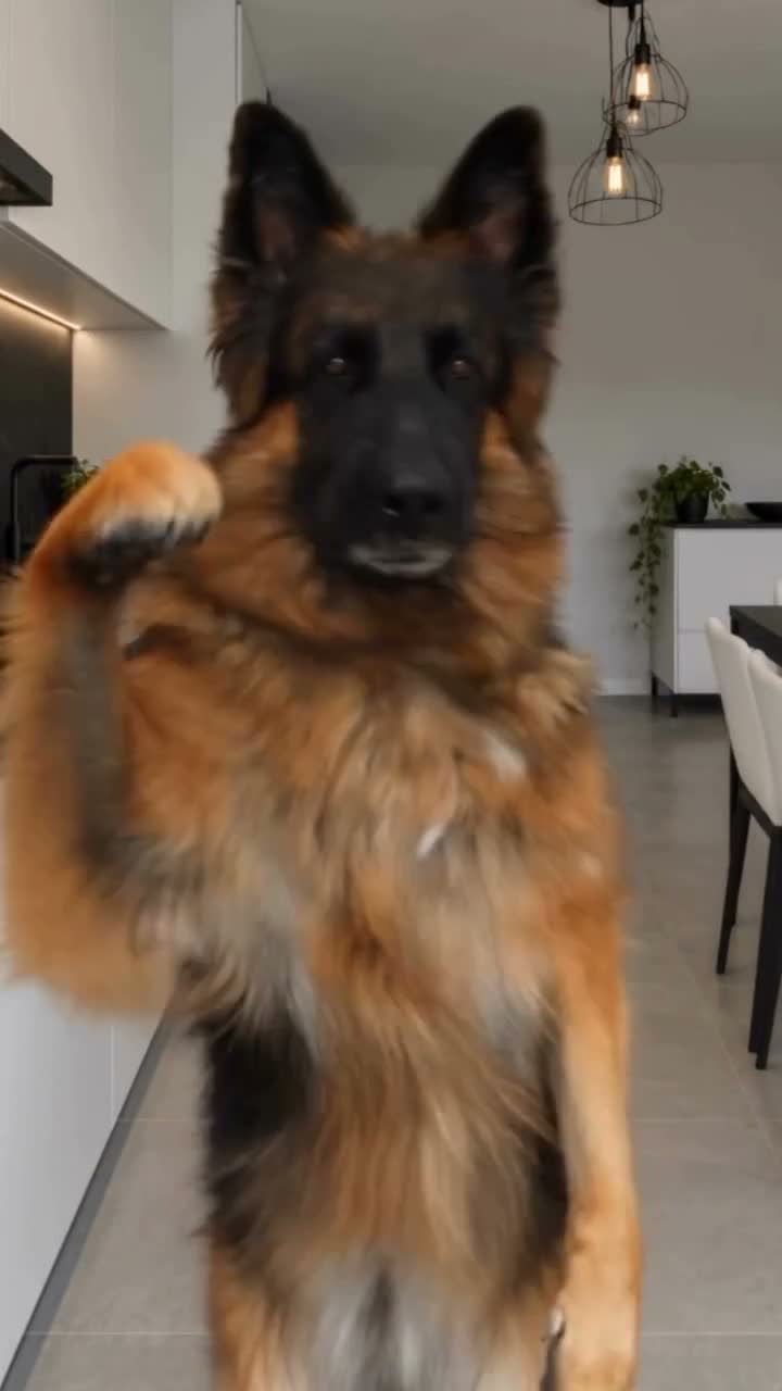 A German shepherd raising its paws and reacting to the camera in a kitchen