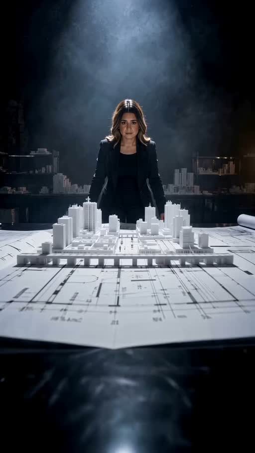 Blueprint Reveal AI reference with a woman at a drafting table, a miniature city and flying paper