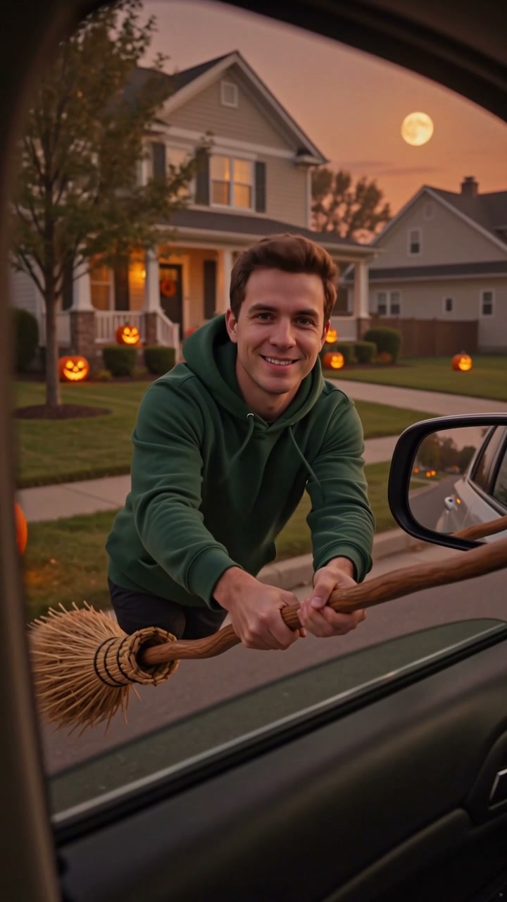 Reference frame showing the broom rider close to the open car window