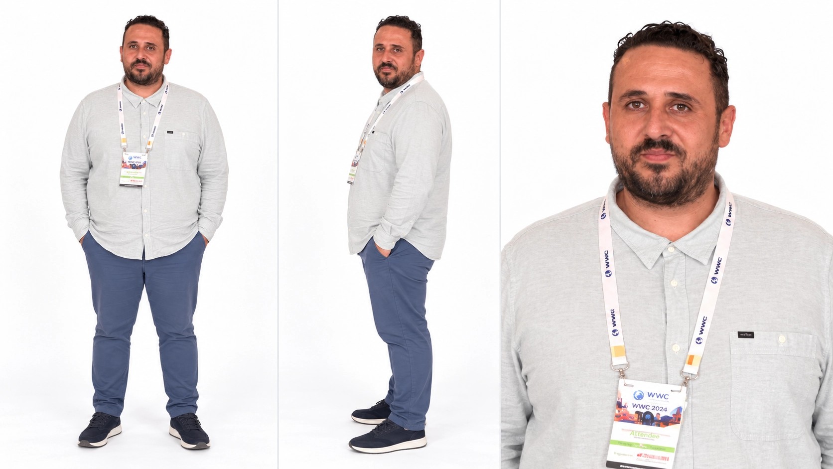 Right character reference showing a light gray shirt and several views