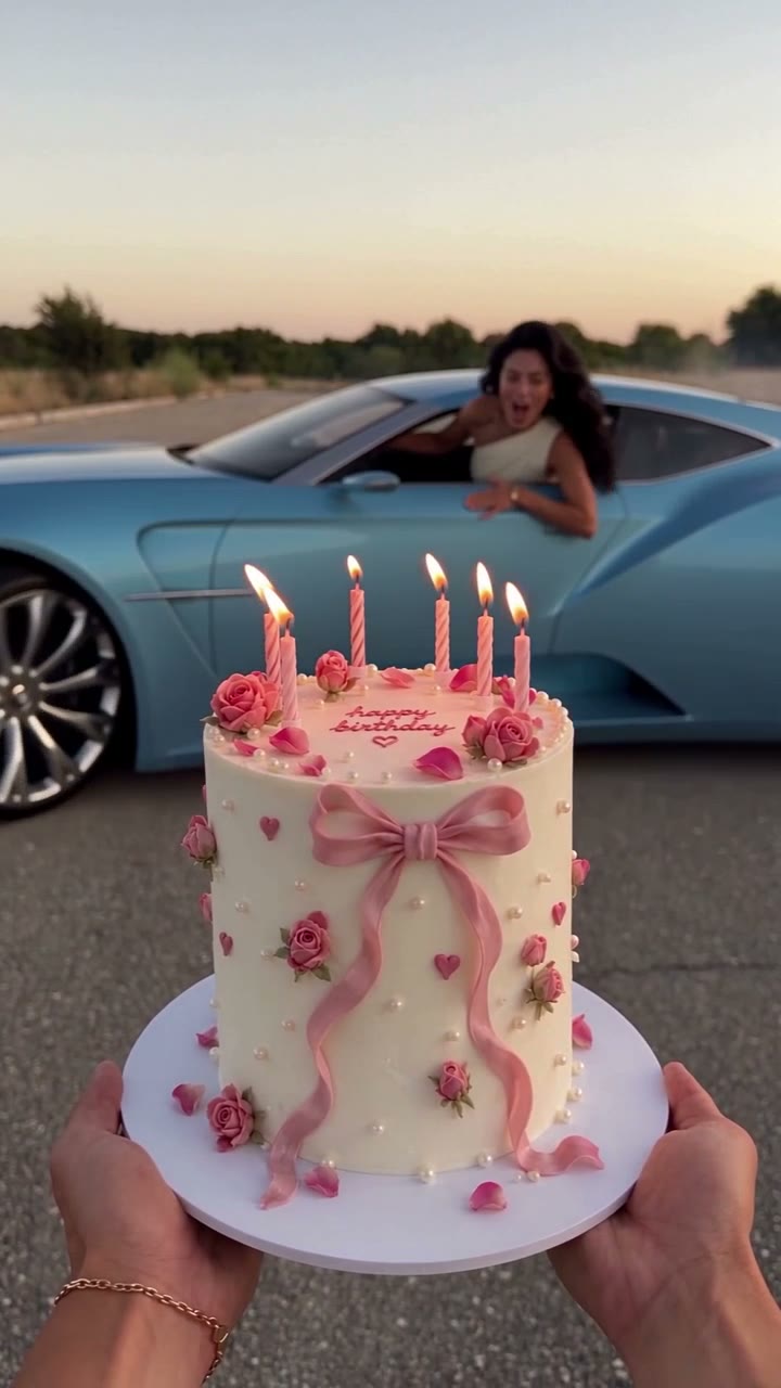 A birthday driver leans from a blue coupe toward a candlelit cake, ending in black and white