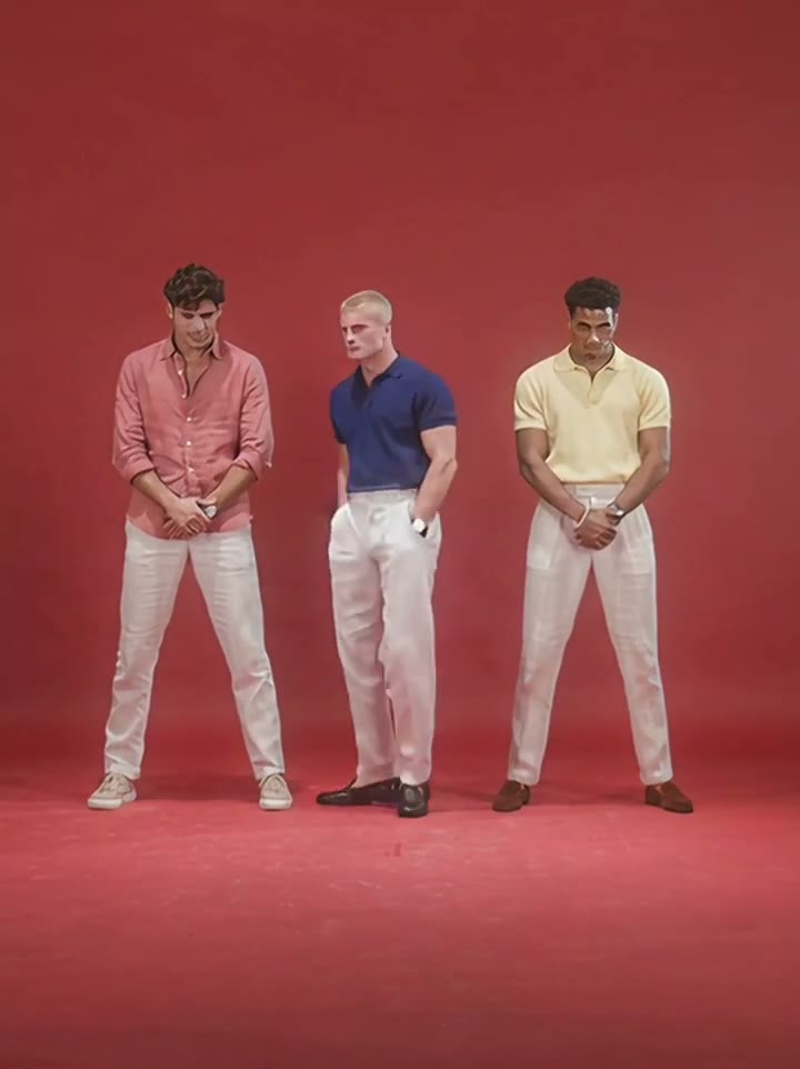 The centre lead standing between two supporting dancers in the red studio