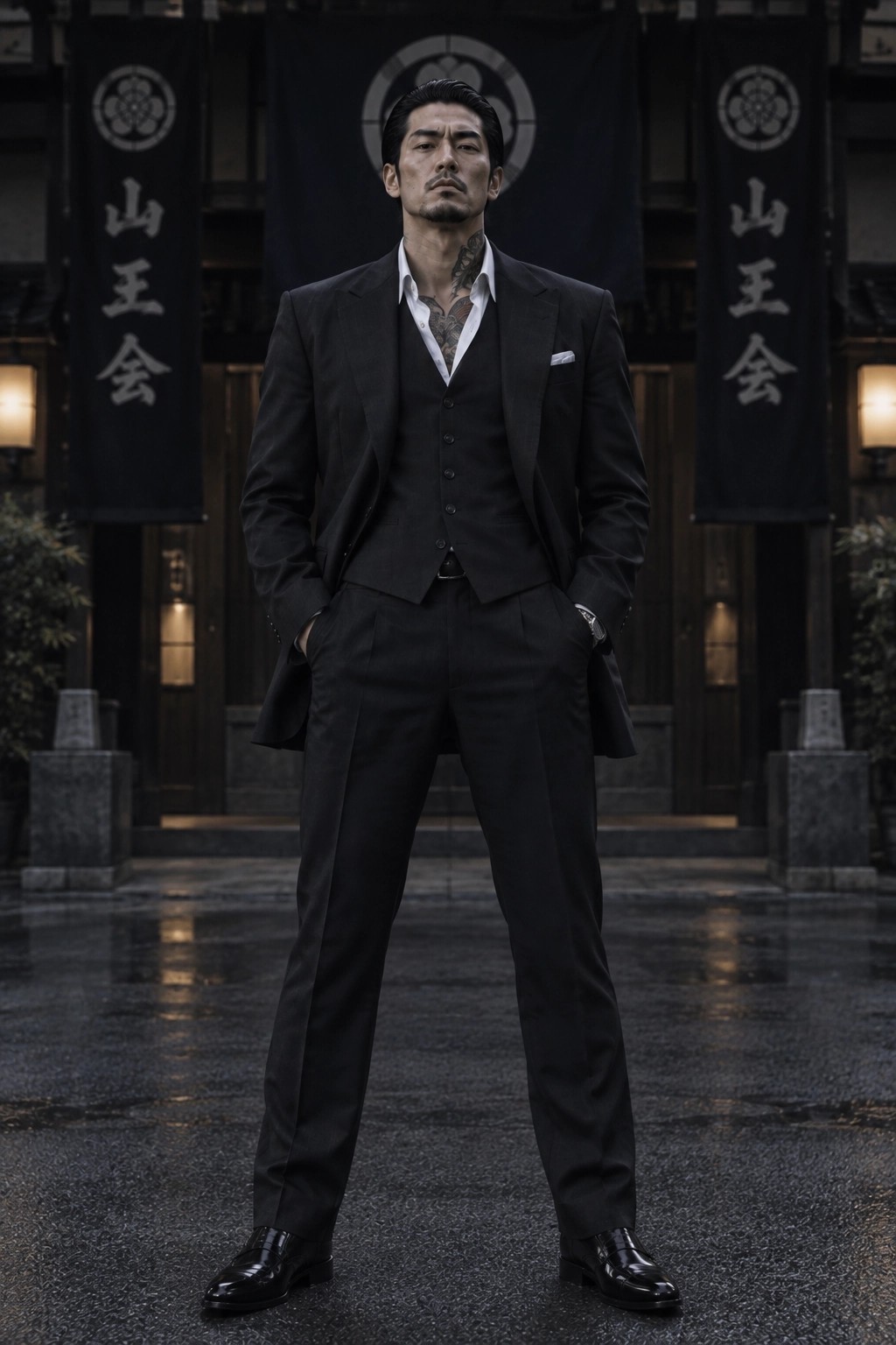 Full-body community reference of a man in a black three-piece suit