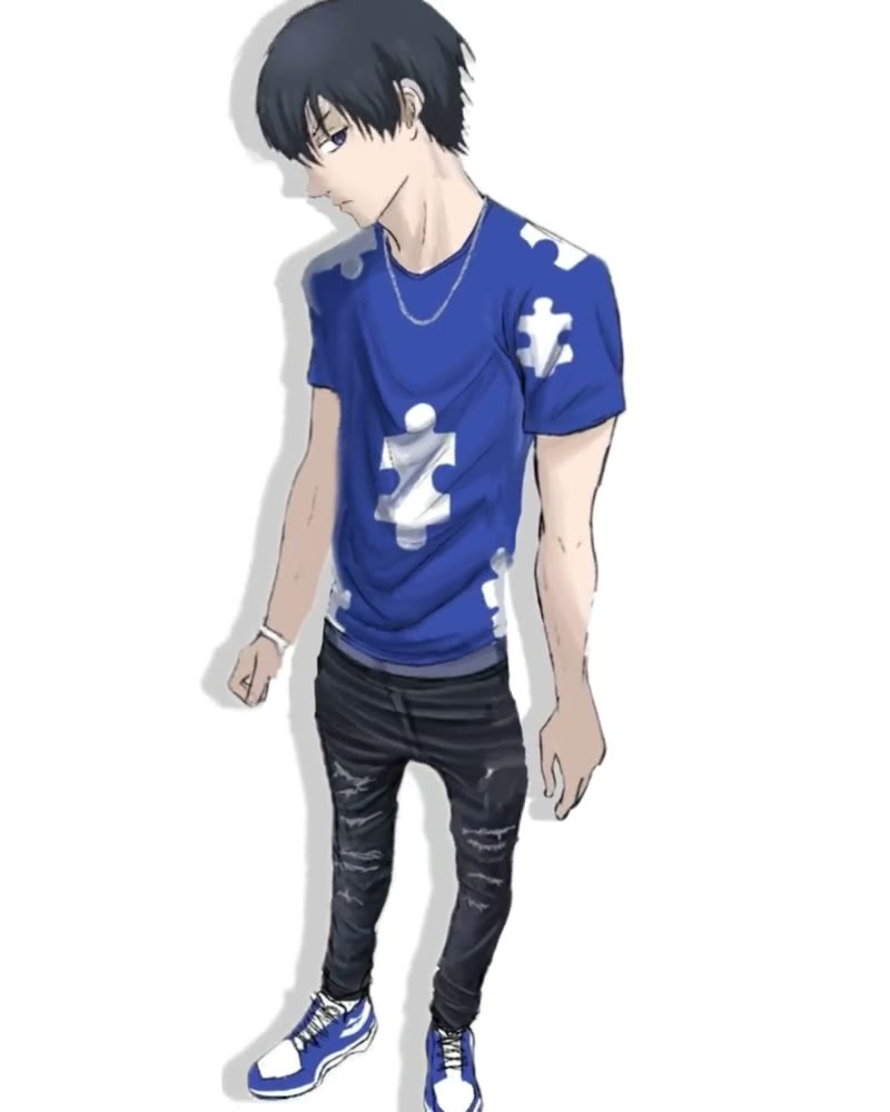 A drawn character swaying against a white background