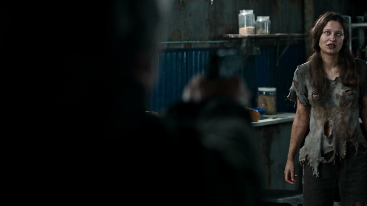 Zombie AI community adaptation with a dark indoor confrontation and golden-field memories